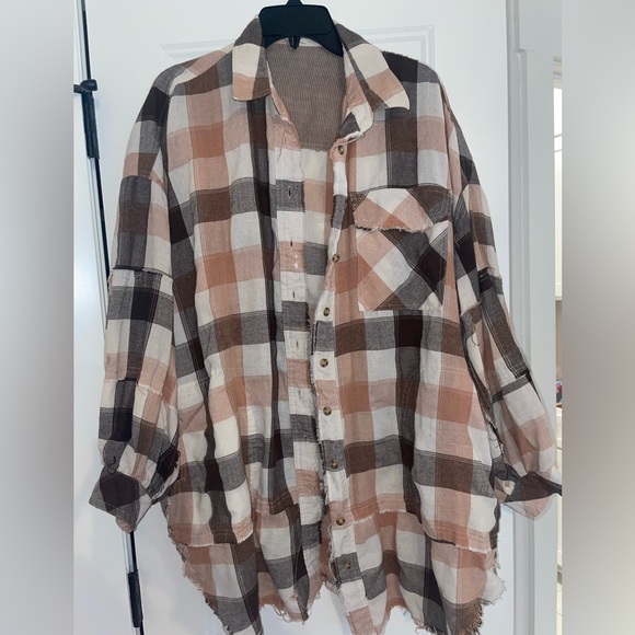 easel Tops - Vintage Distressed Plaid Shirt in Brown and Cream